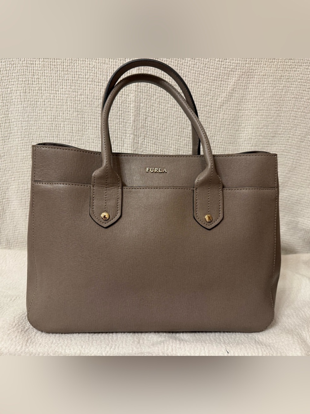 Furla Saffiano Leather Tote Ginevra Satchel Bag Medium Greige Gray
